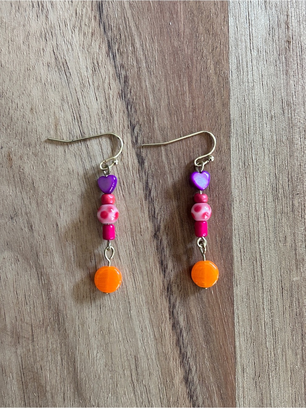 Handmade Purple, Pink & Orange Heart Bead Dangle Earrings